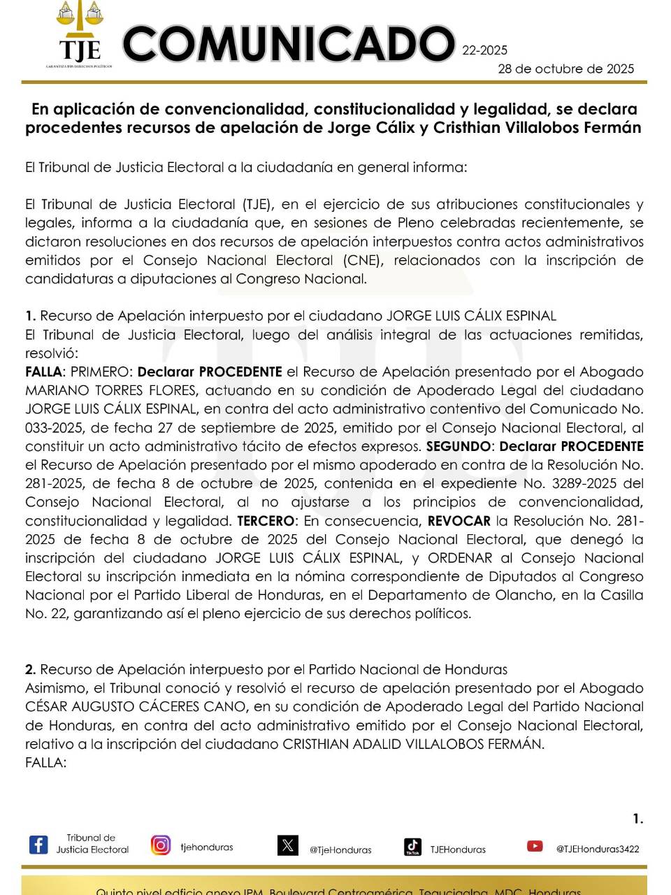TJE ordena inscripción de Jorge Cálix en papeleta de diputados por Olancho