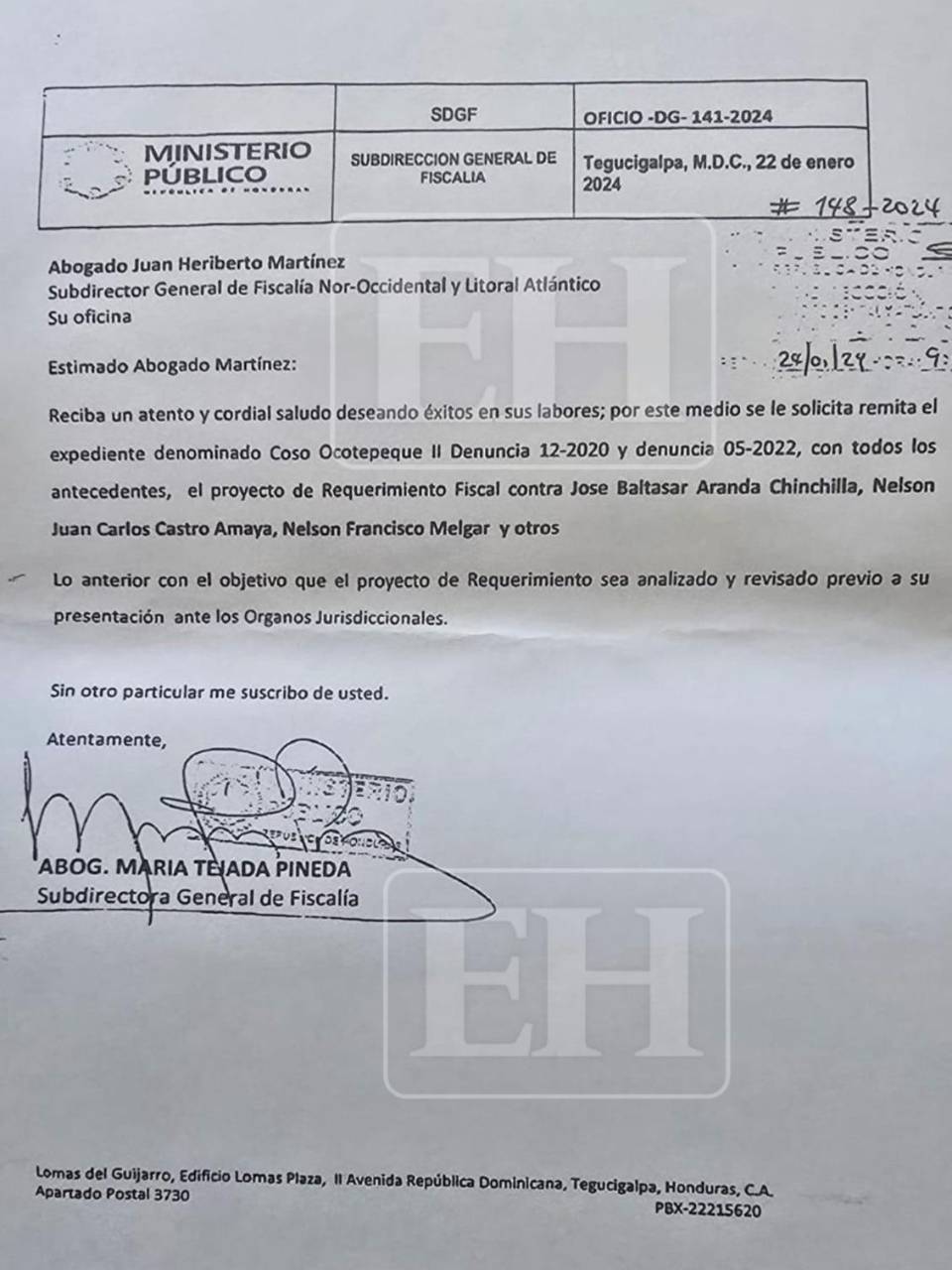 Mediante el oficio DG-141-2024, la subdirectora de Fiscales, María Tejada, solicitó la remisión del expediente denominado Caso Ocotepeque II para su análisis previo a la presentación del requerimiento fiscal.