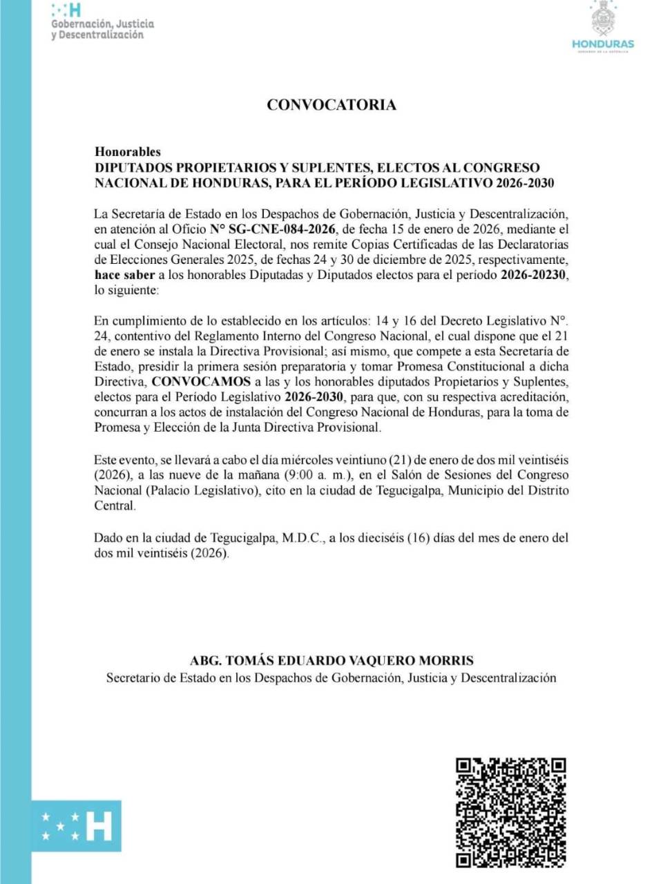 Junta Directiva Provisional del Congreso Nacional será elegida el 21 de enero