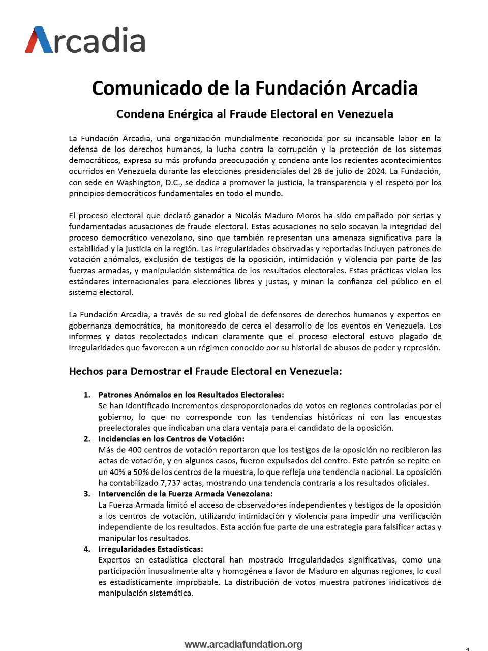 Fundación Arcadia condena fraude electoral en Venezuela: “es un golpe directo a democracia”