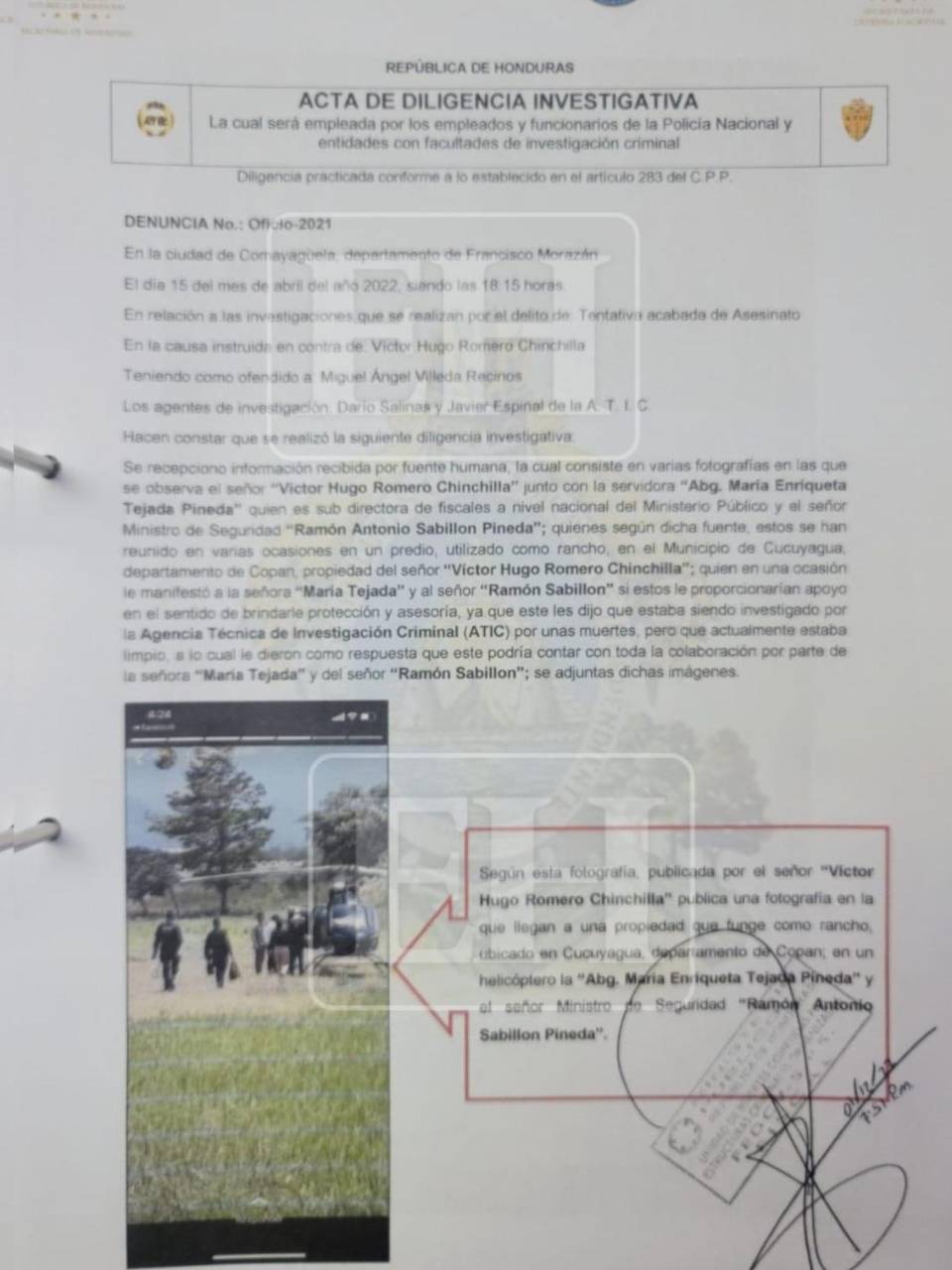 Según el acta de investigación, las reuniones entre Víctor Hugo Romero, María Tejada y Ramón Sabillón ocurrieron mientras el excongresista era investigado por delitos contra la vida.