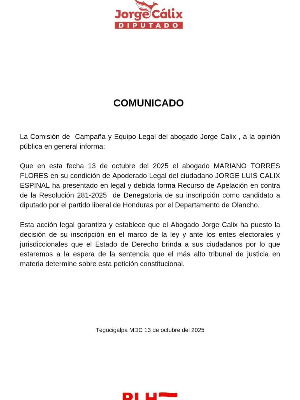 Jorge Cálix apela resolución del CNE que le impide ser candidato en Olancho