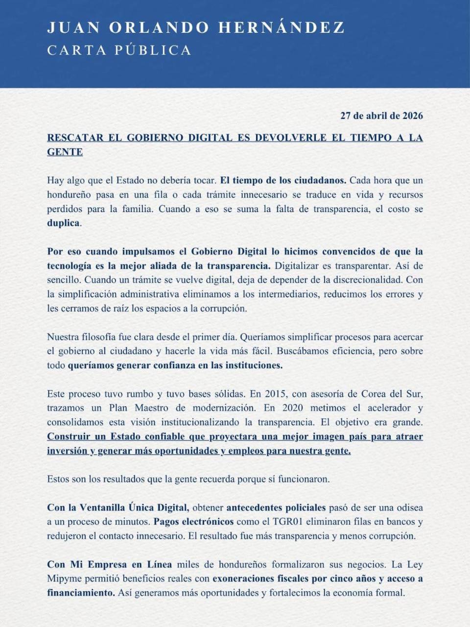 Carta de Juan Orlando Hernández.