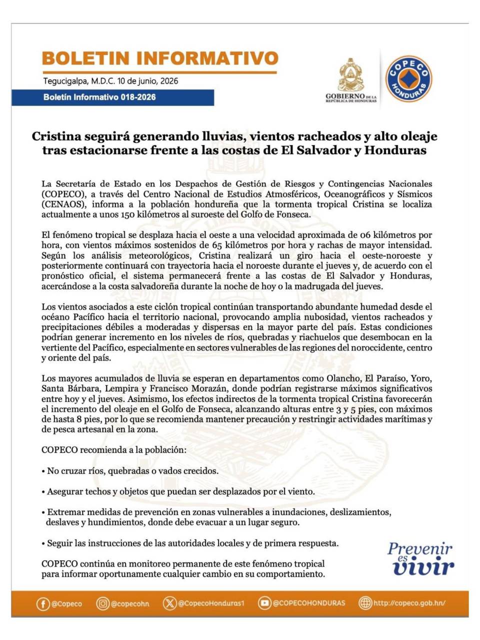 Cristina se estaciona frente a costas de Honduras; habrá más lluvia y alto oleaje