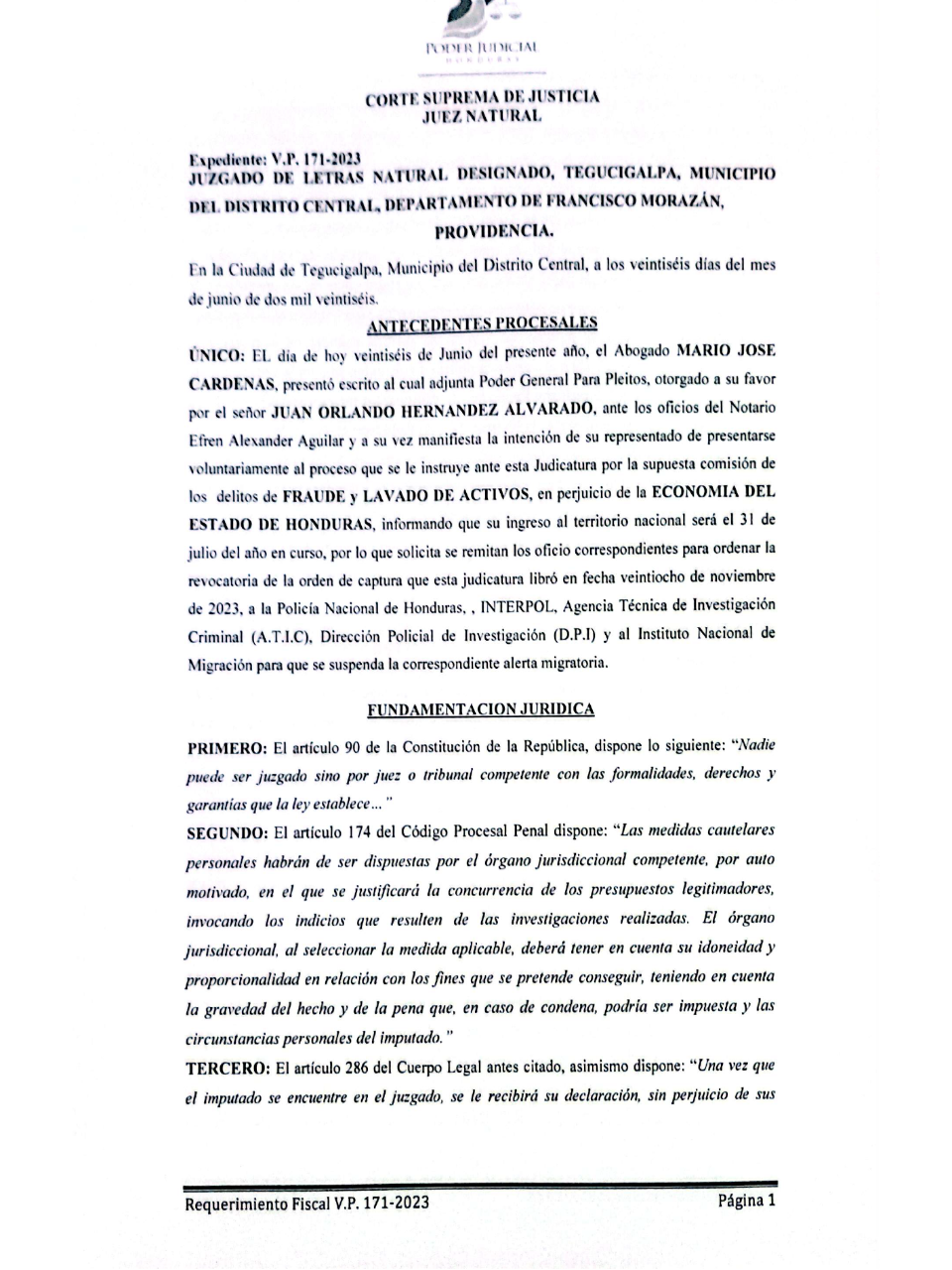 Documento íntegro de la suspensión de la orden de captura contra JOH en Honduras