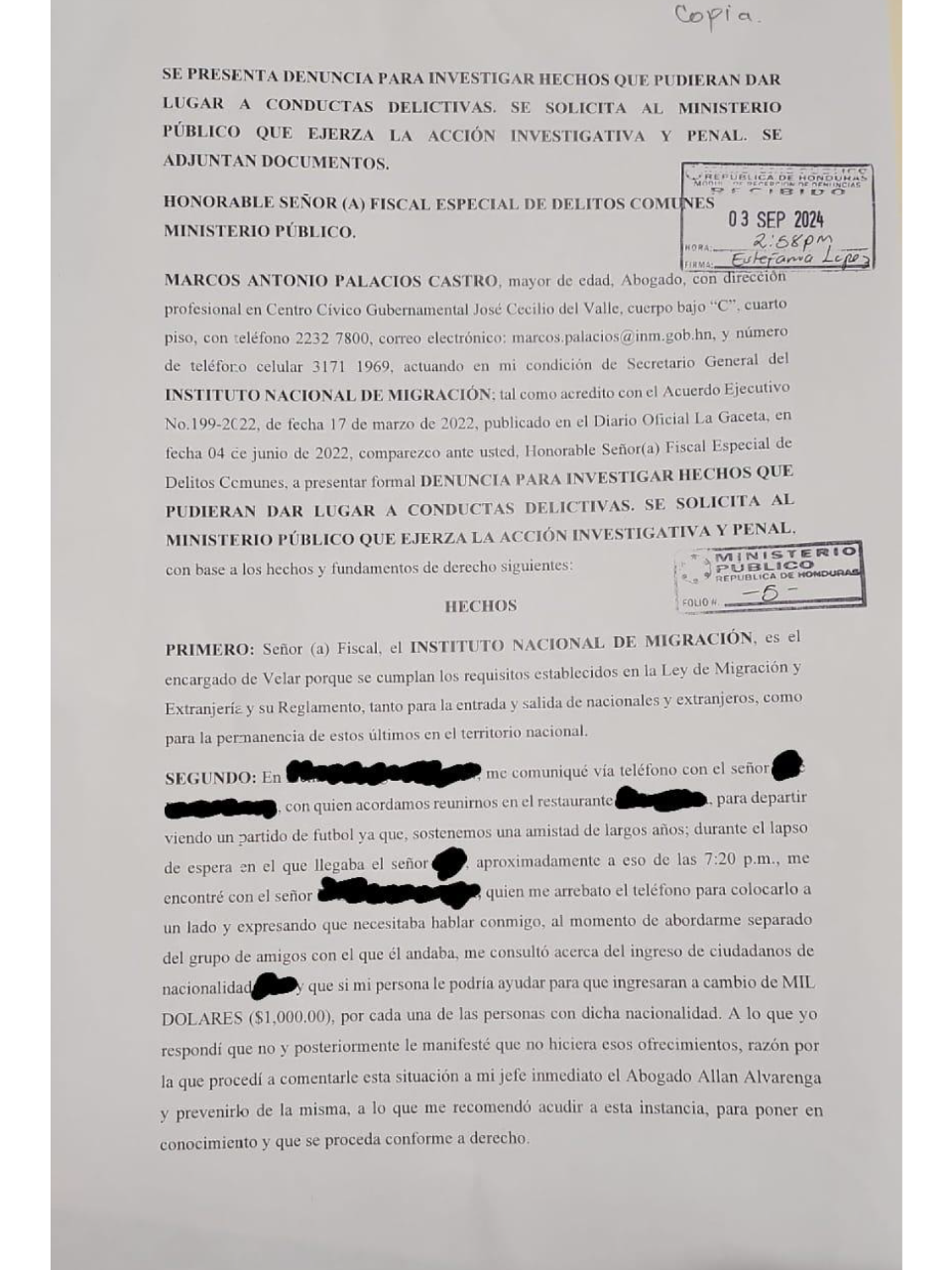 La Fetccop confirmó a la Unidad Investigativa de EL HERALDO Plus que recibieron una denuncia hace dos semanas desde el Instituto de Migración relacionada con el ingreso de chinos a Honduras sin visa.