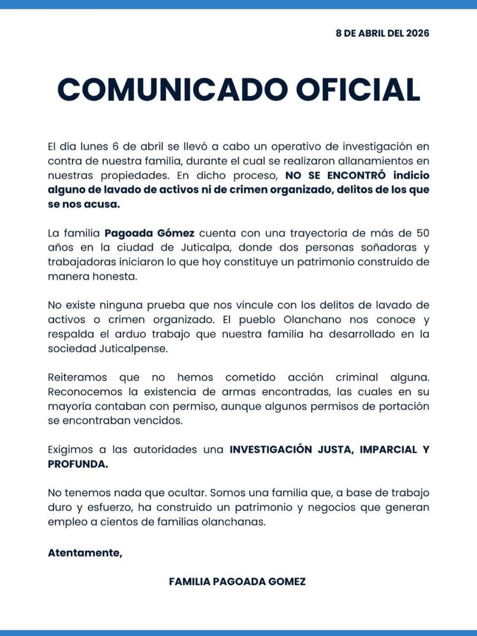 Comunicado de la Familia Pagoada Gomez