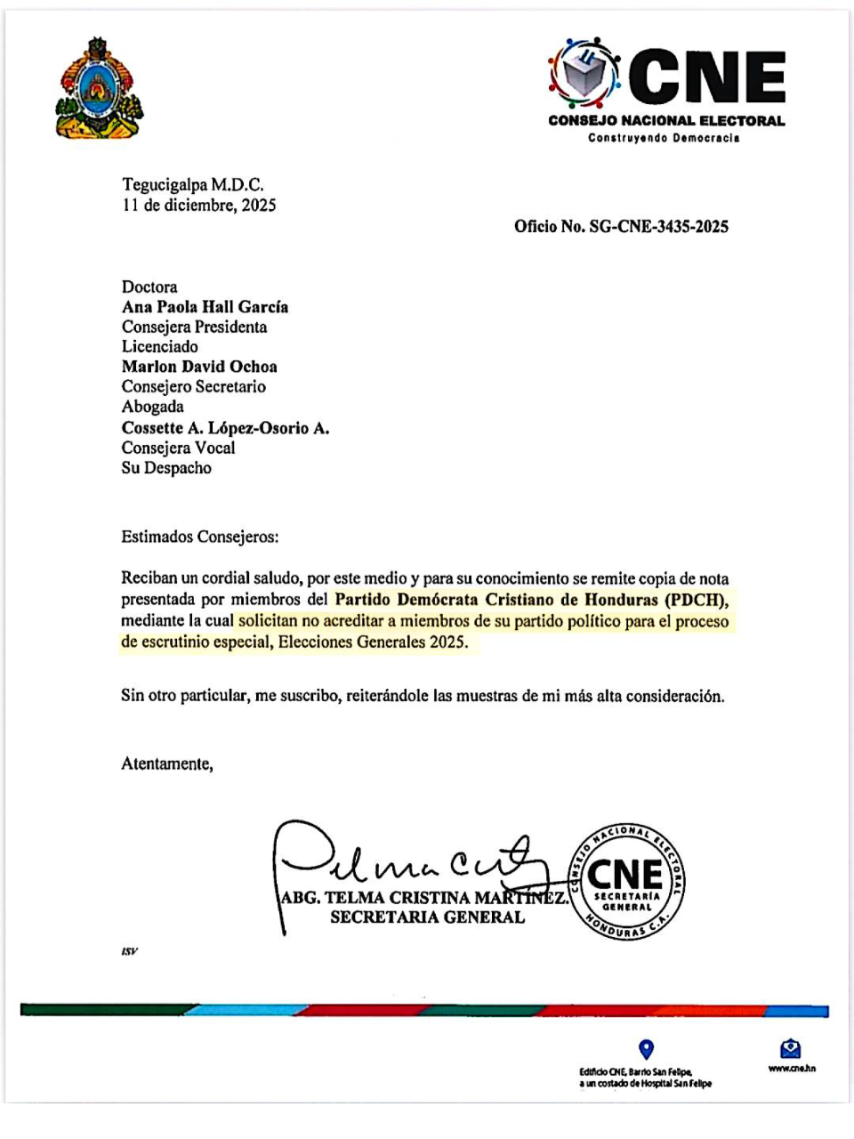 Solicitud de acreditación de la DC para escrutinio especial