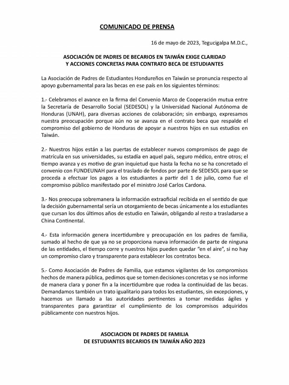 Comunicado de los padres de familia de los becarios hondureños.