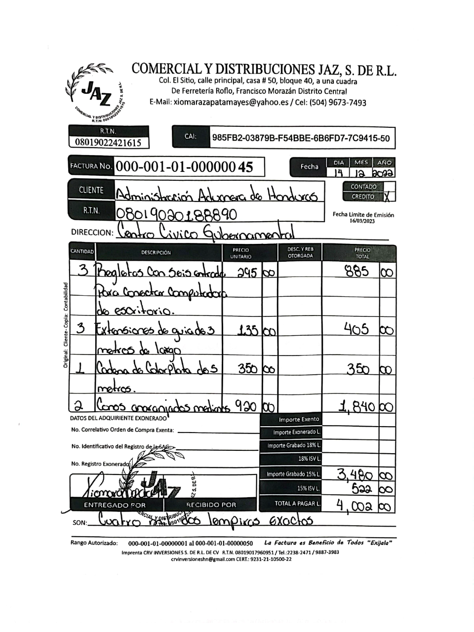 $!Esta factura por la compra de regletas y cables sí la subió Aduanas de Honduras al portal de transparencia.