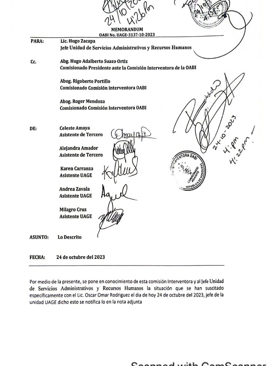 Empleadas de la OABI denuncian por acoso laboral a sobrino de Hugo Suazo