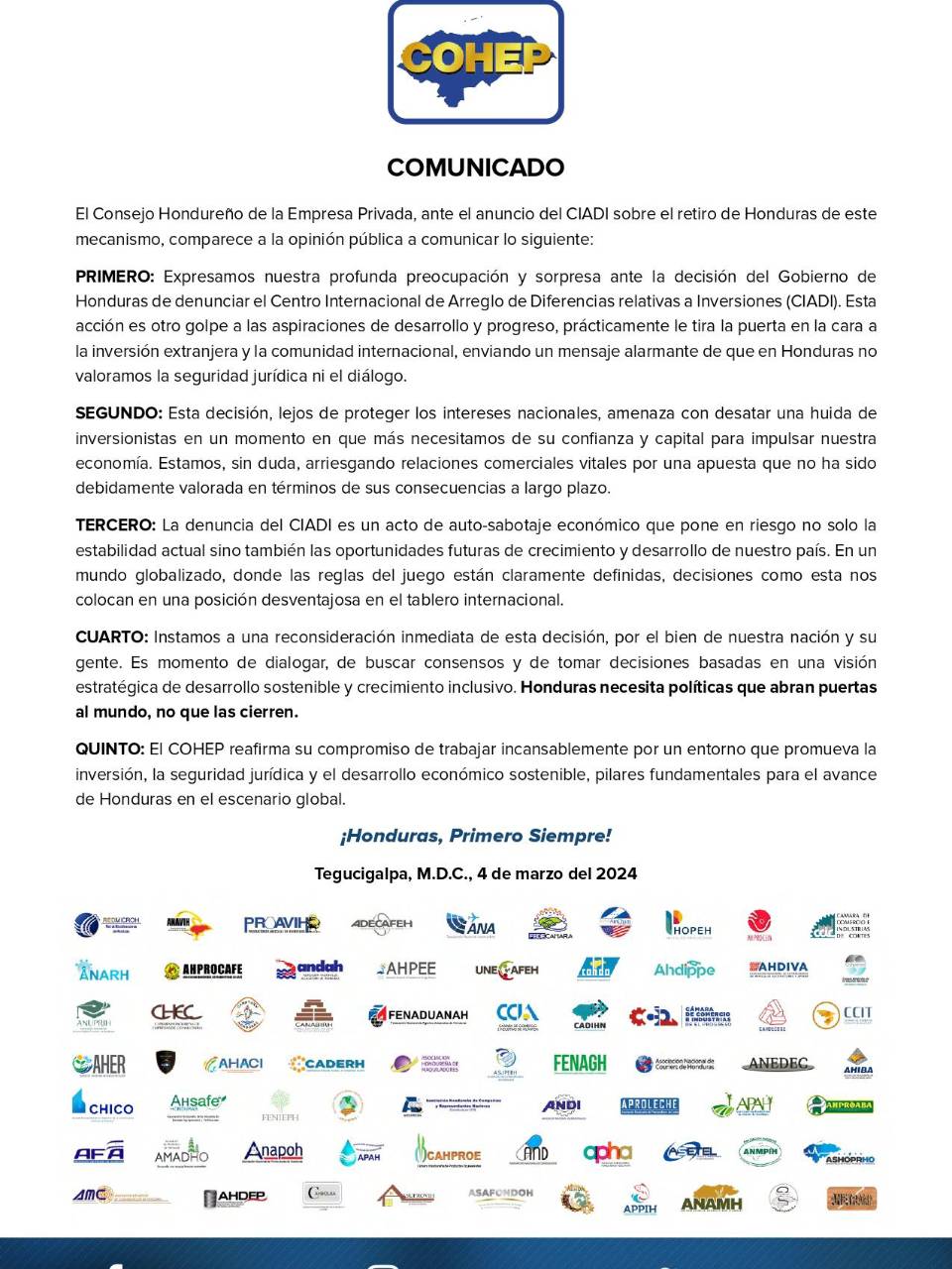 Cohep rechaza salida de Honduras del CIADI: “Es un mensaje equivocado del gobierno”