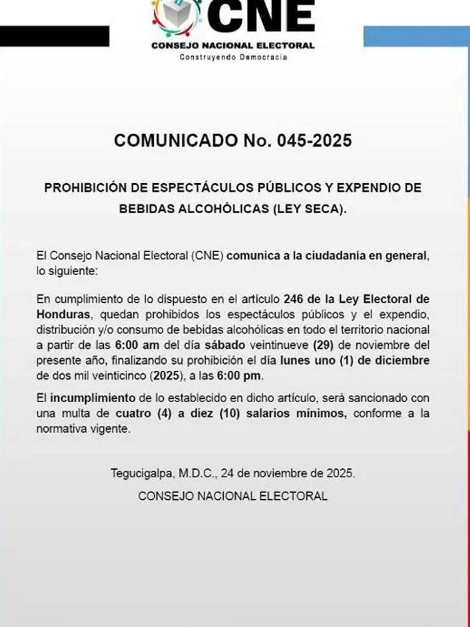 CNE establece Ley Seca previo a las elecciones generales ¿Por cuánto tiempo estará vigente?