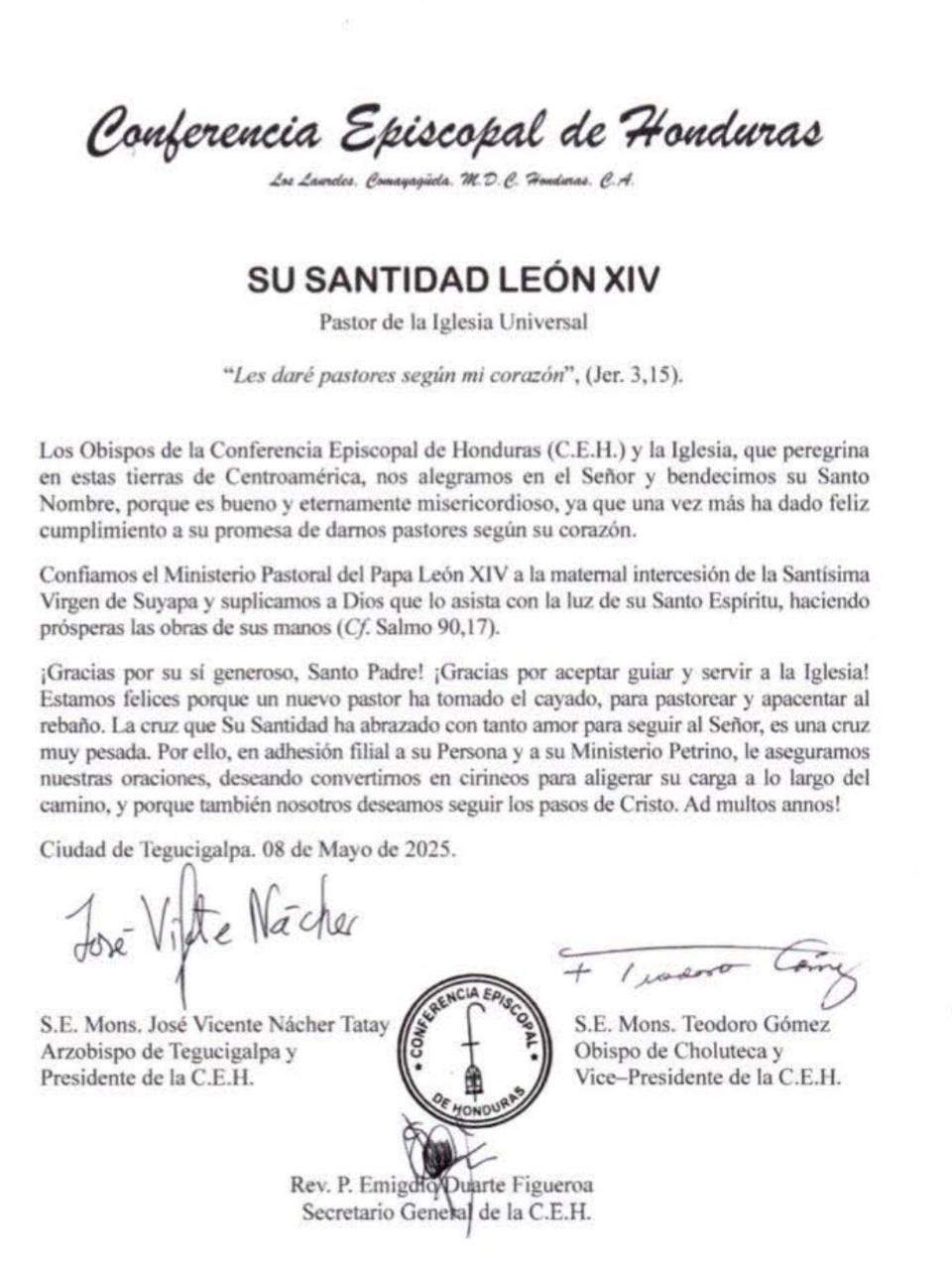 Comunicado íntegro de la Conferencia Episcopal de Honduras luego de que se confirmara que Robert Prevost será el Papa León XIV.