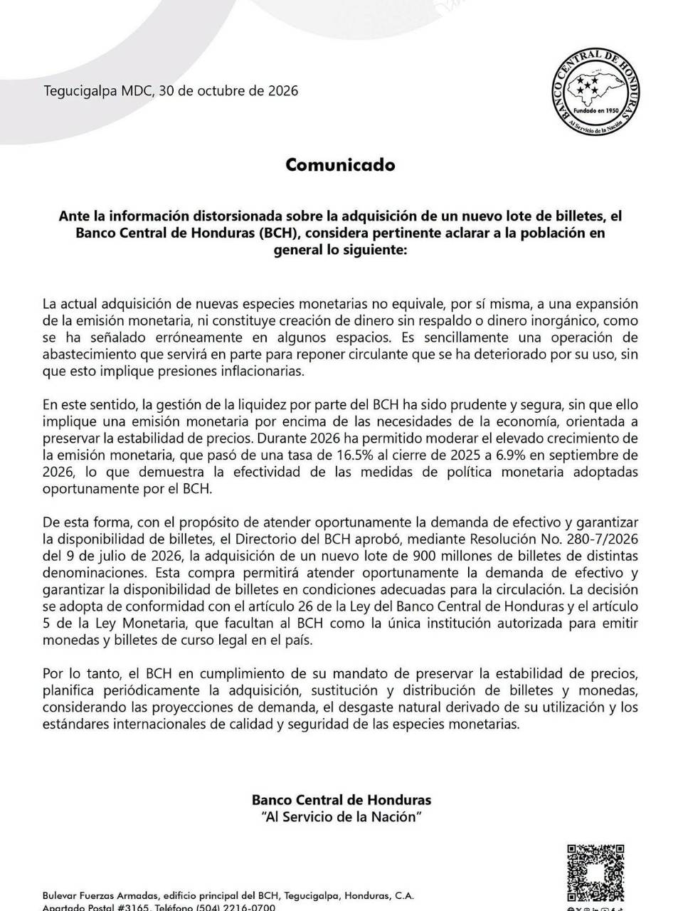 BCH descarta que adquisición de nuevo lote de billetes implique presiones inflacionarias