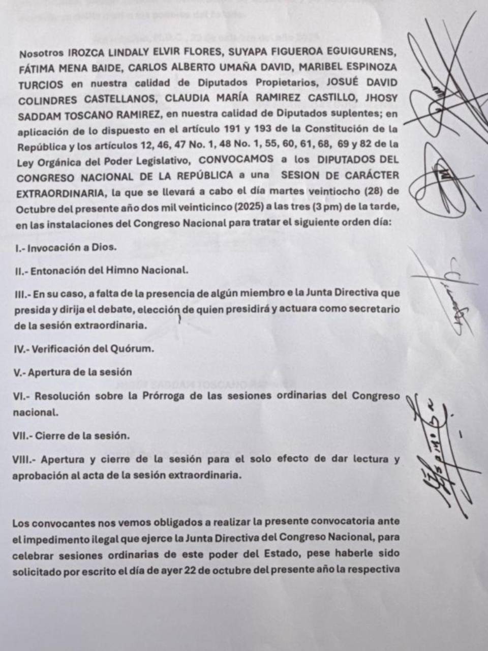 El documento firmado por los diputados de oposición del Congreso Nacional.