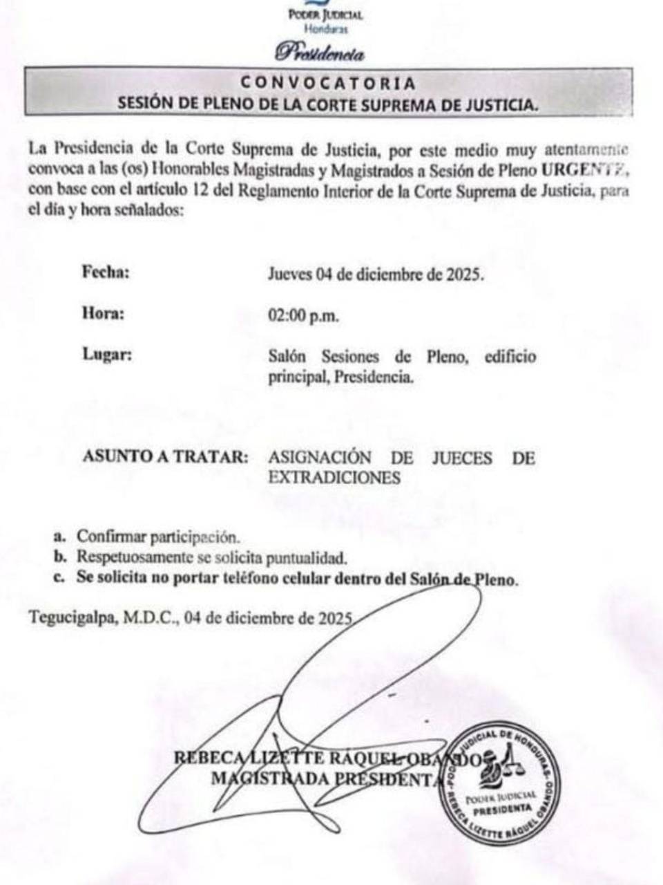 La convocatoria de la CSJ para la asignación de jueces de extradición.