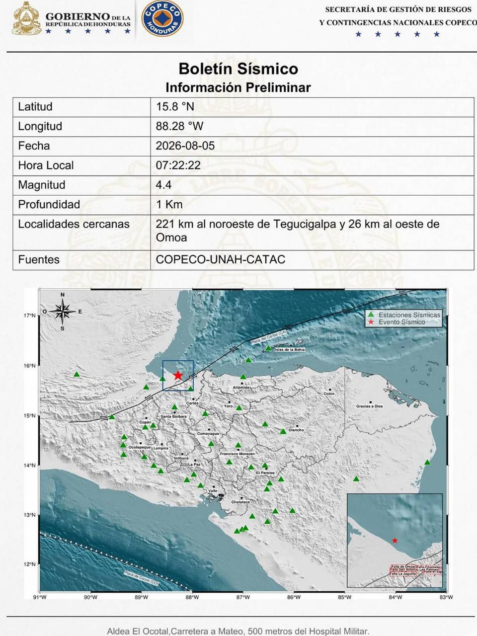 Sismo de magnitud 4.4 se registra frente a las costas de Omoa, Cortés