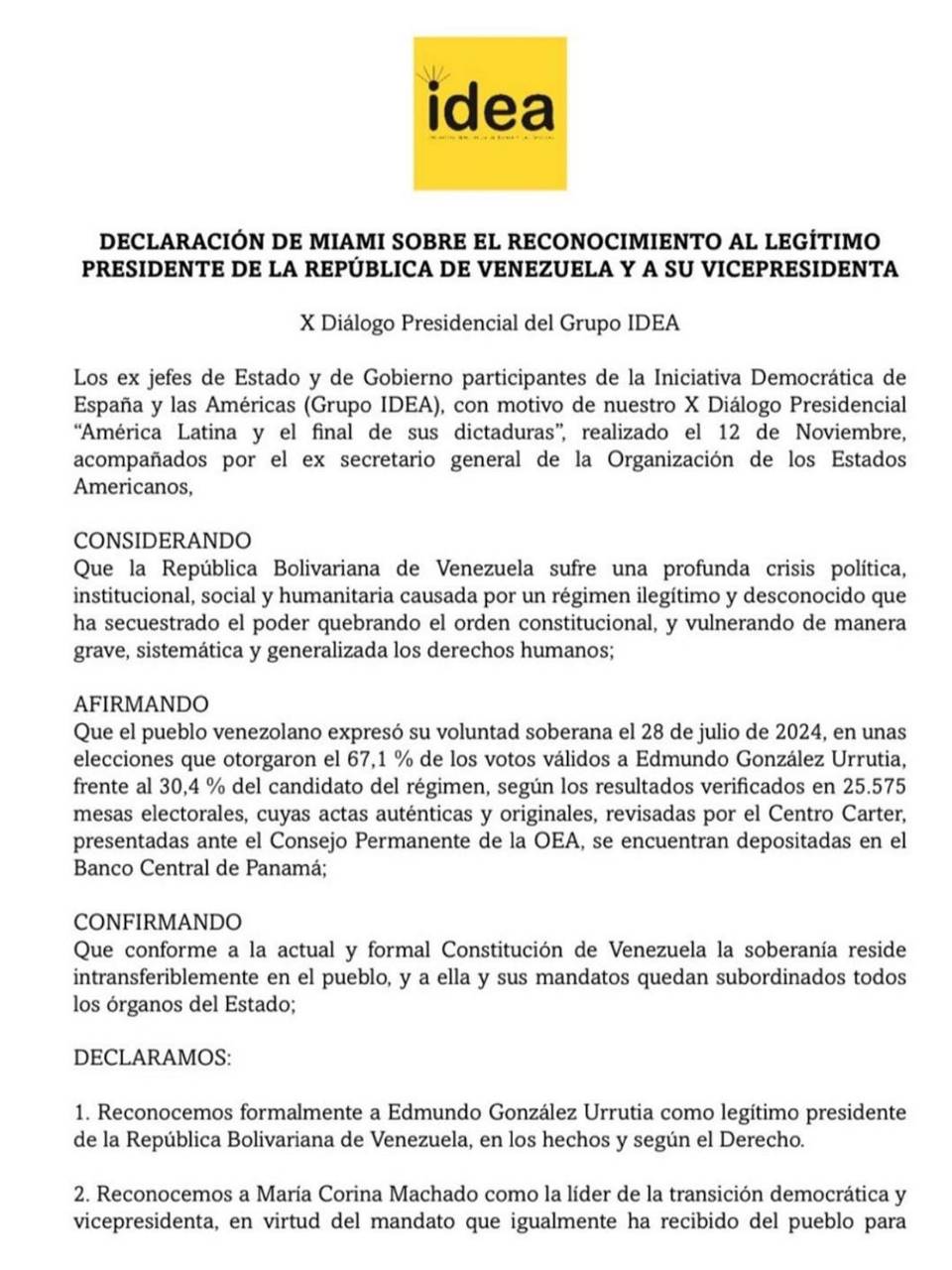 Exmandatarios del Grupo IDEA reconocen a Edmundo González como presidente legítimo de Venezuela