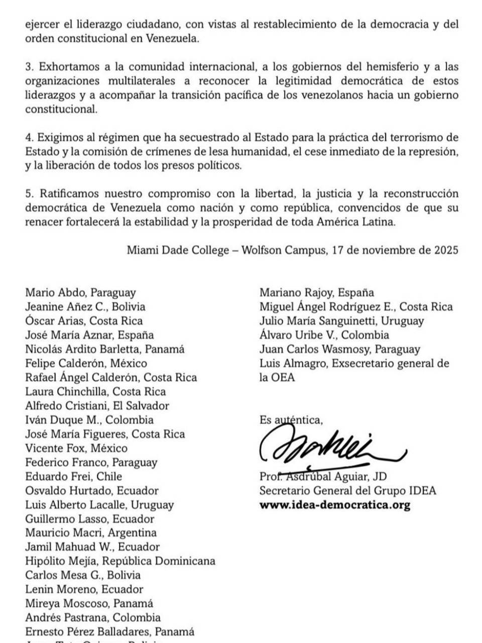 Exmandatarios del Grupo IDEA reconocen a Edmundo González como presidente legítimo de Venezuela