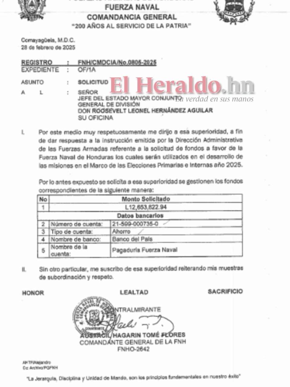 El comandante general de la Fuerza Naval de Honduras, Austacil Tomé Flores, solicitó la transferencia de 12.6 millones de lempiras para las misiones en el marco de las elecciones primarias.