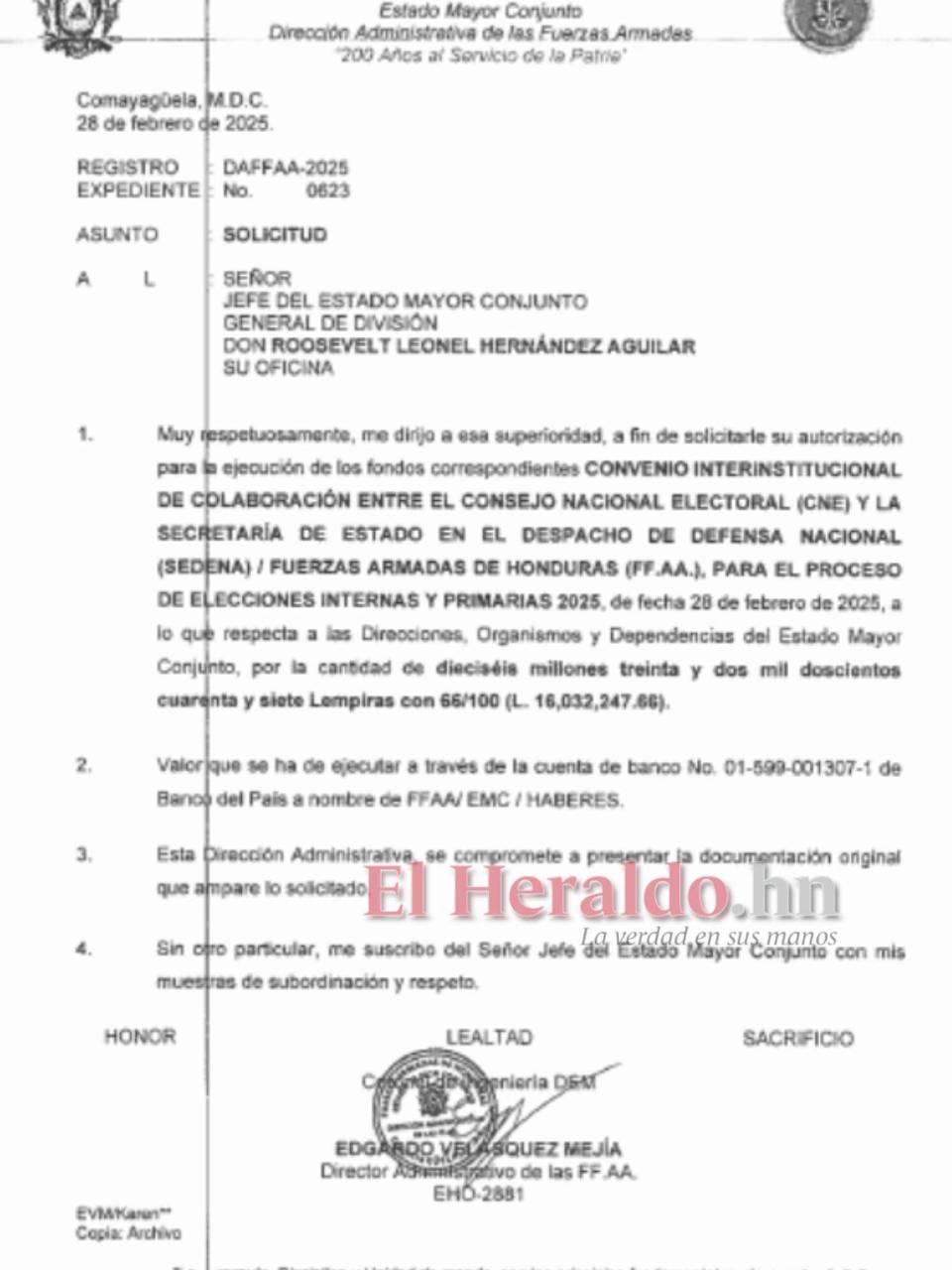 Al Estado Mayor Conjunto se le asignaron más de 16 millones de lempiras en el marco de los comicios primarios del 9 de marzo.