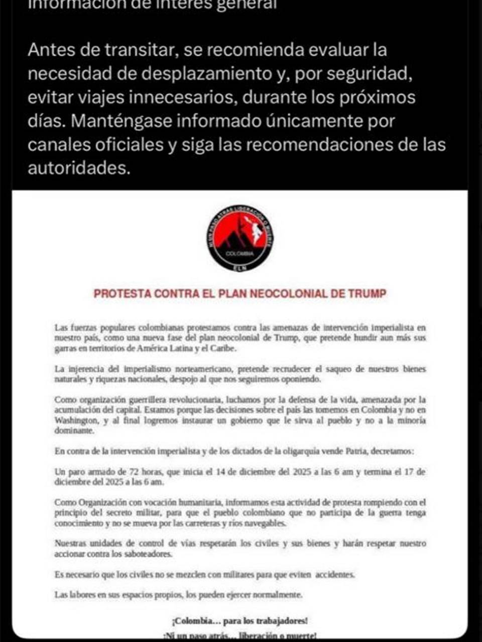Gobierno colombiano difunde un comunicado de la guerrilla en una cuenta oficial