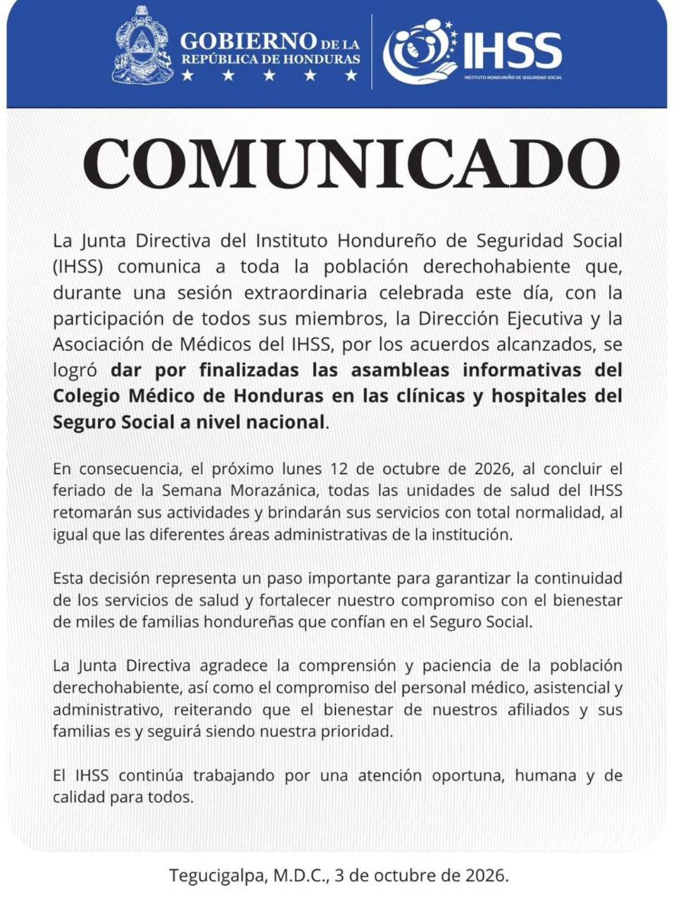 Comunicado del Seguro Social sobre las suspensión de las asambleas informativas.