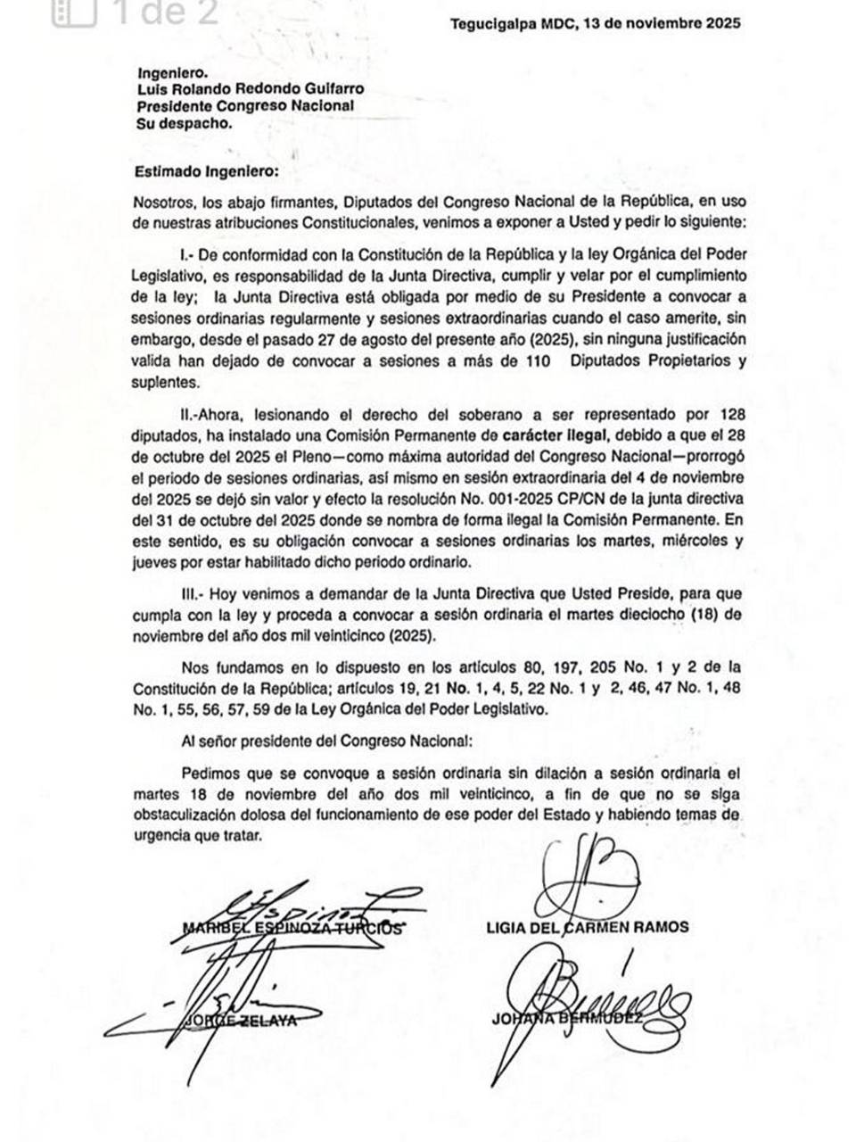 Diputados de oposición piden a Redondo convocar a sesión extraordinaria para este martes