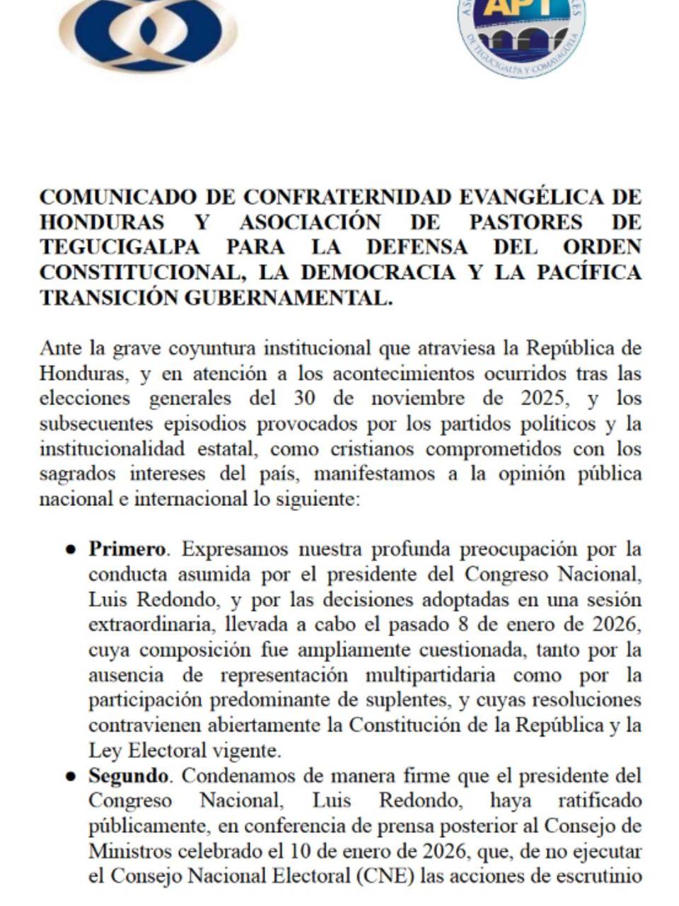 Iglesias evangélicas exigen respetar triunfo de Asfura y frenar abusos en el CN