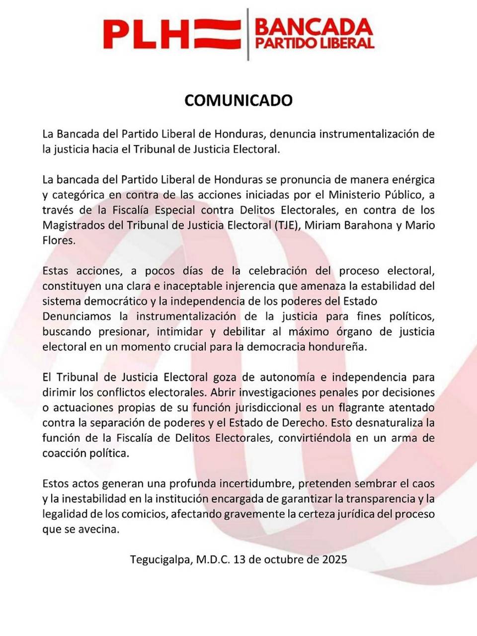 Bancada liberal denuncia injerencia política en acciones contra magistrados del TJE