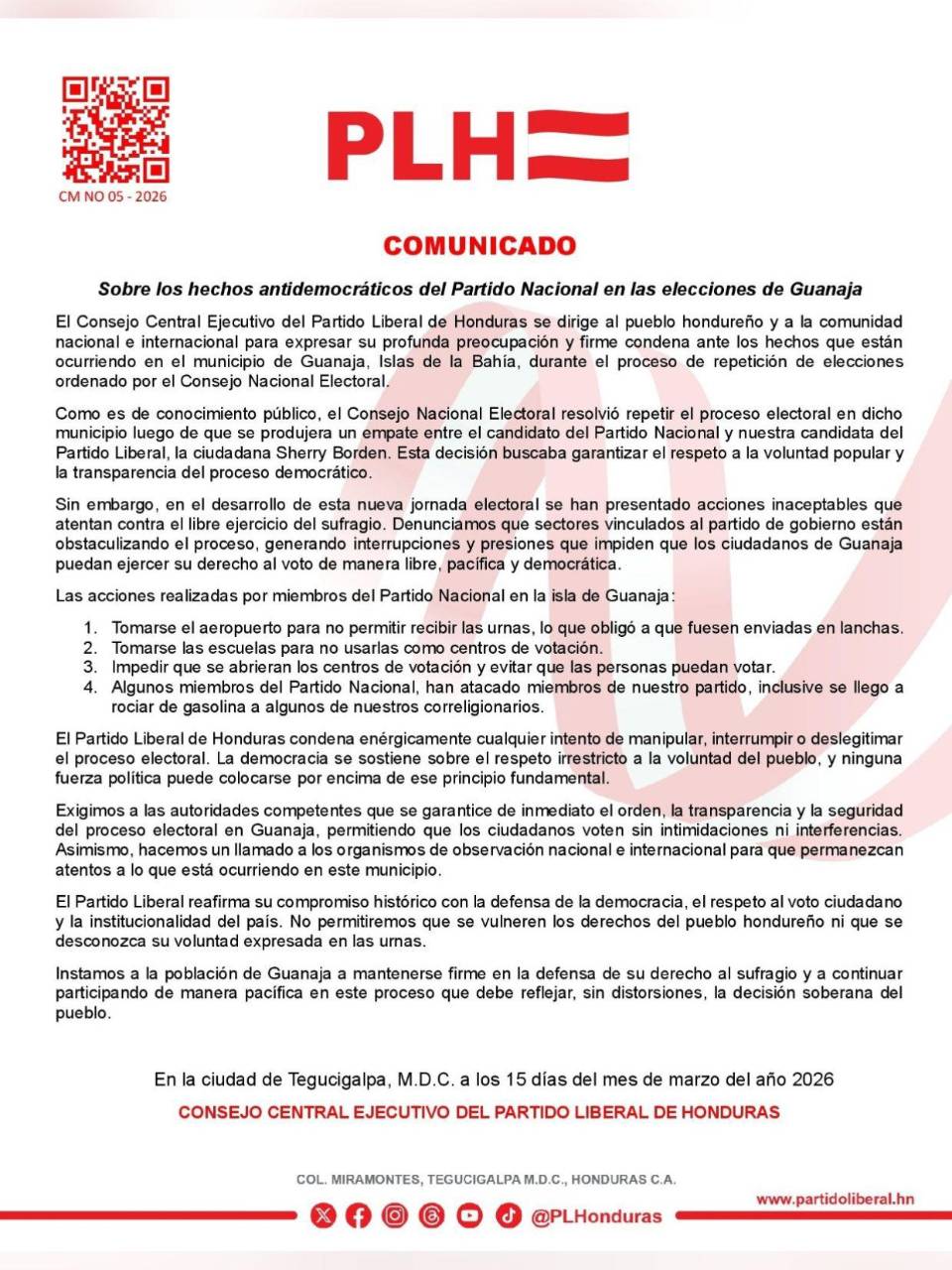 Comunicado del Partido Liberal al respecto.