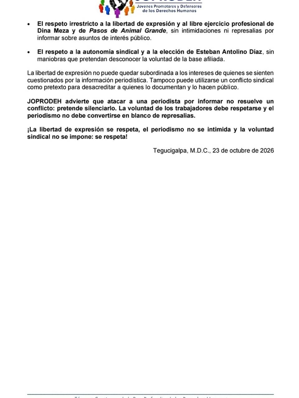 Joprodeh condena ataques contra Dina Meza y exige respetar voluntad del Sitrainfop
