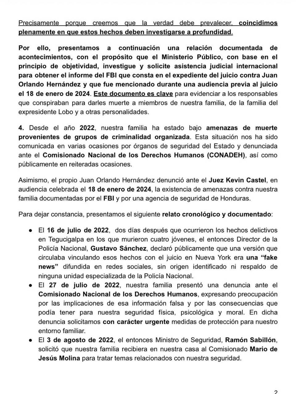 Juan Orlando Hernández niega vínculo con muerte de Said Lobo y pide al MP investigar informe del FBI