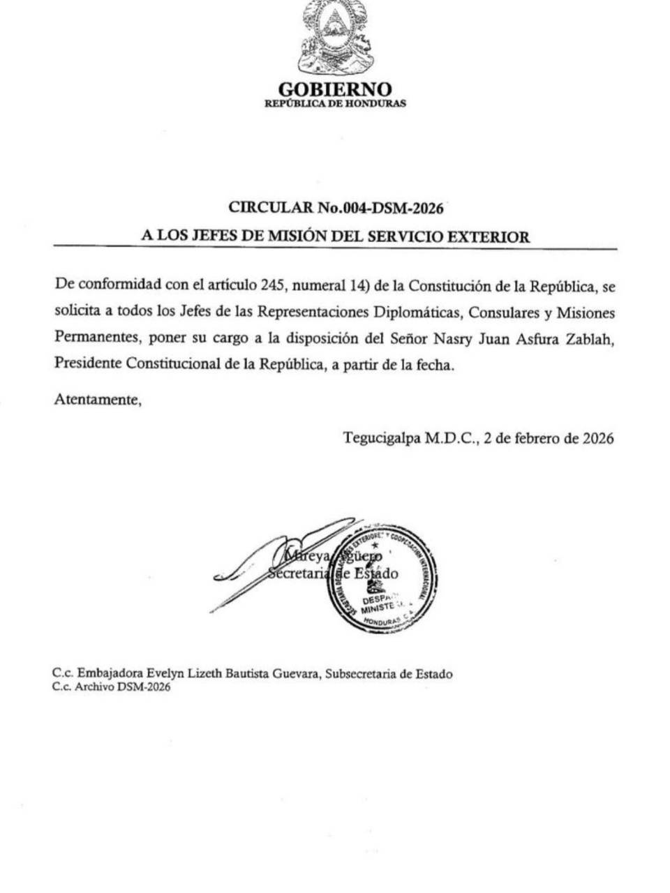 Nasry Asfura pide a los diplomáticos en el extranjero poner a disposición su cargo