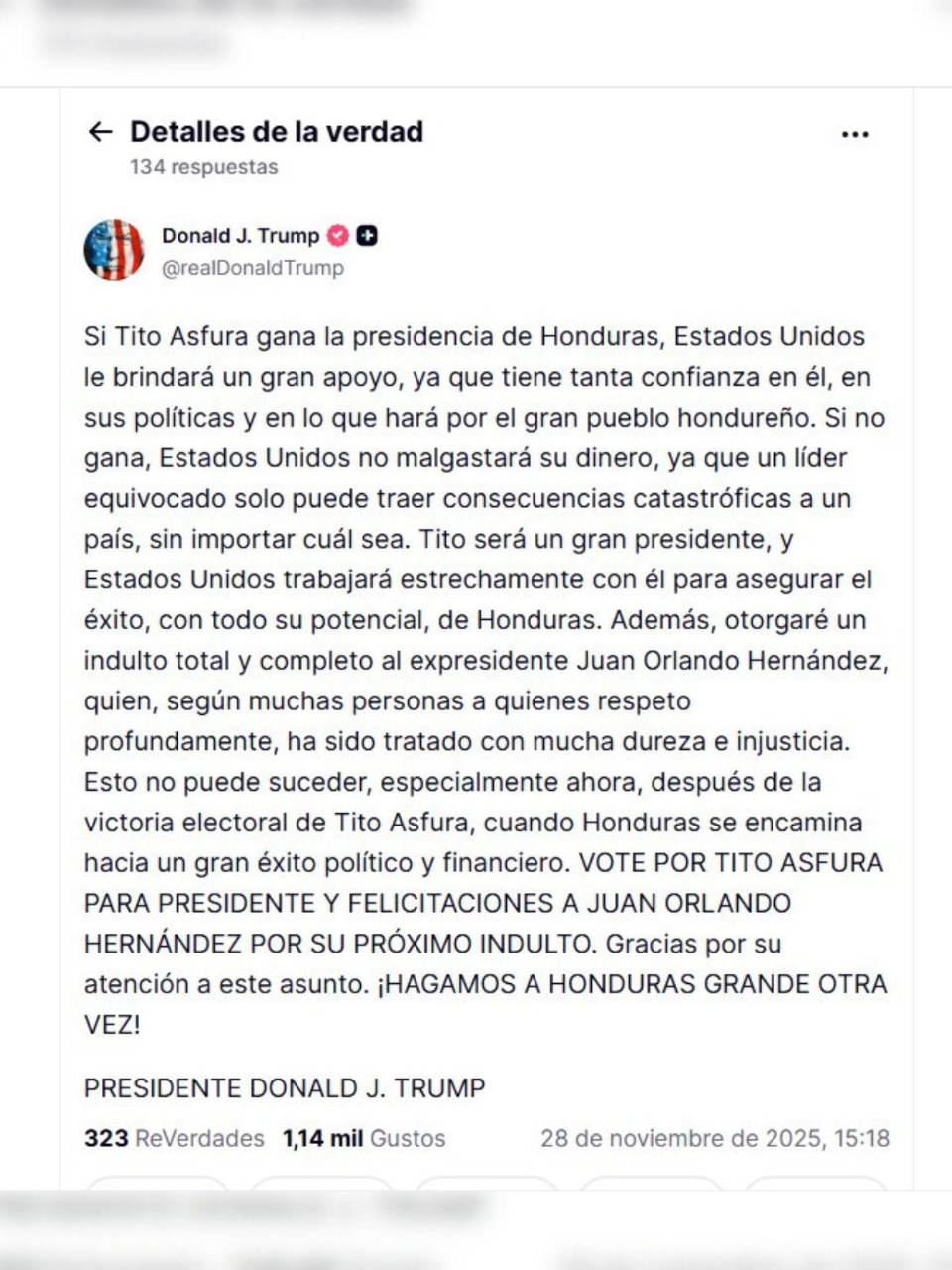 Mensaje de Donald Trump en su cuenta de Truth Social.
