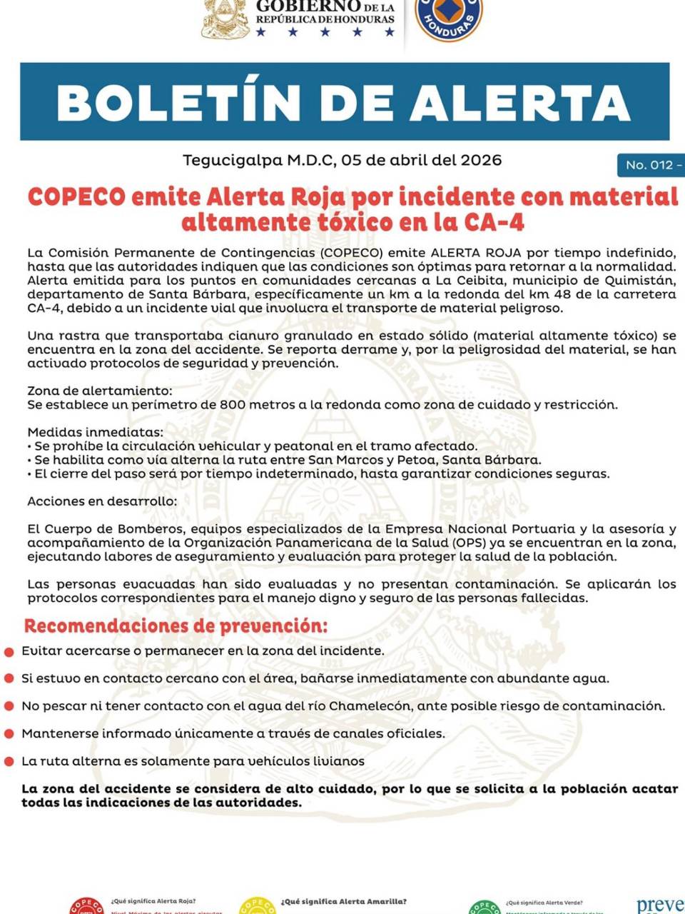 Alerta roja en Quimistán por derrame de cianuro tras accidente en la CA-4