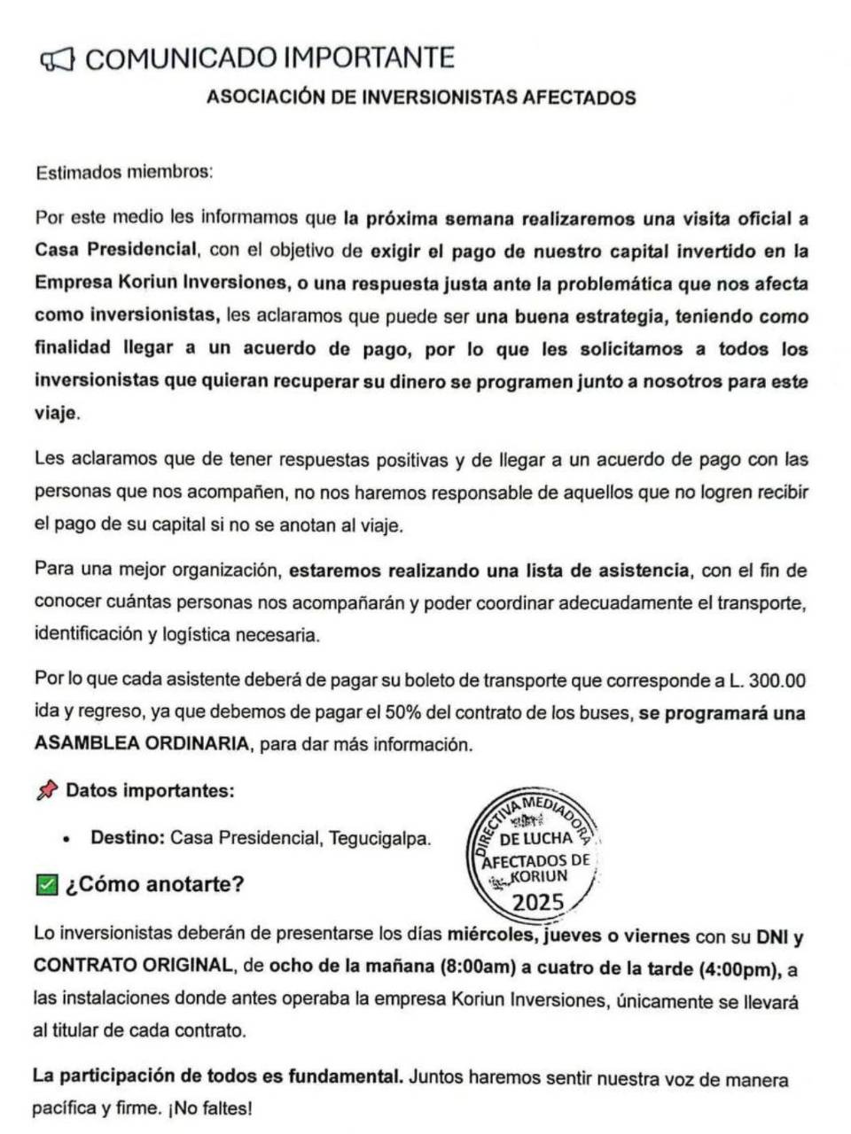 Inversionistas de Koriun anuncian viaje hacia Casa Presidencial para exigir pago de su dinero