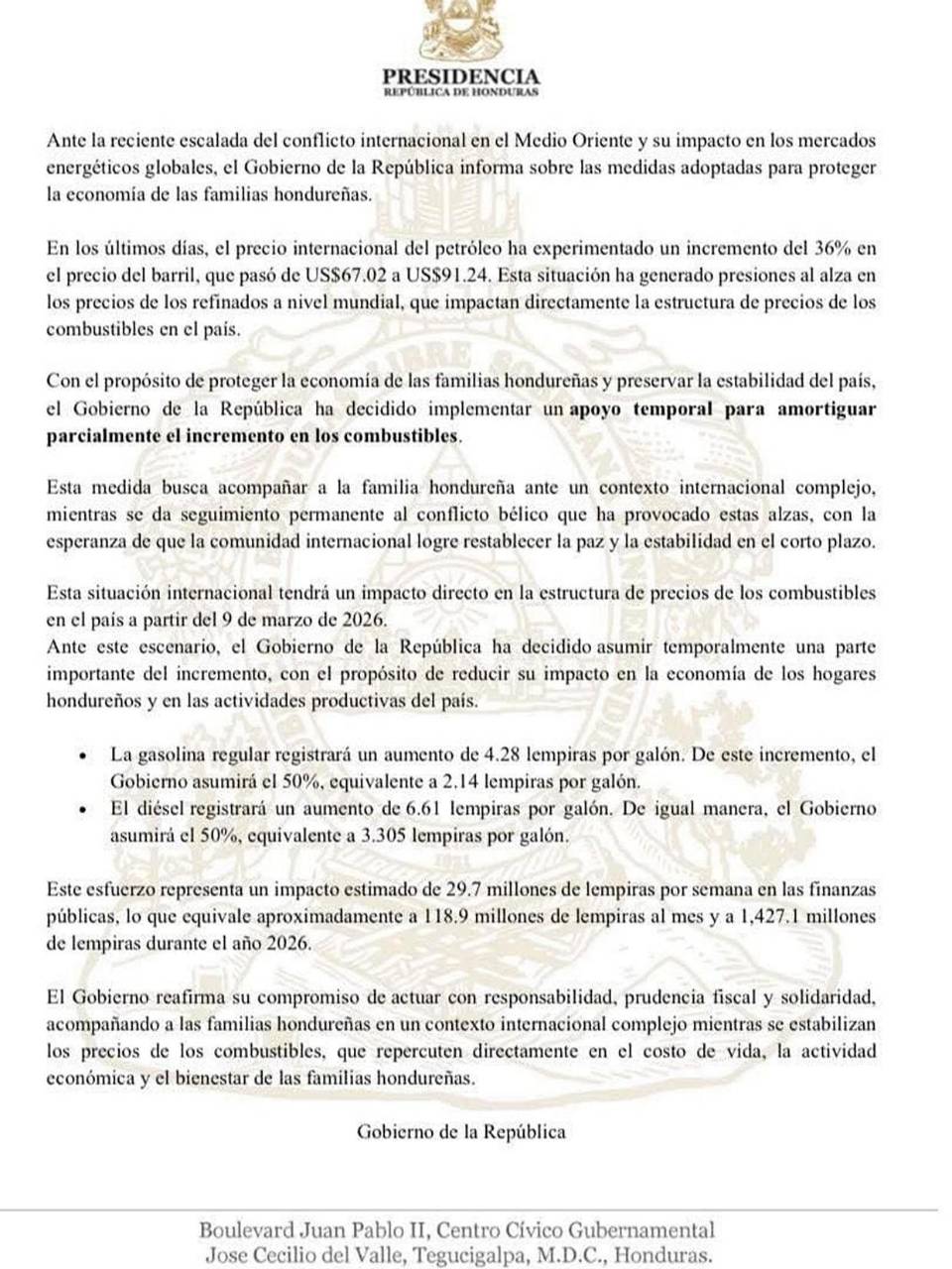 Gobierno subsidiará temporalmente el 50% del aumento a los combustibles en Honduras