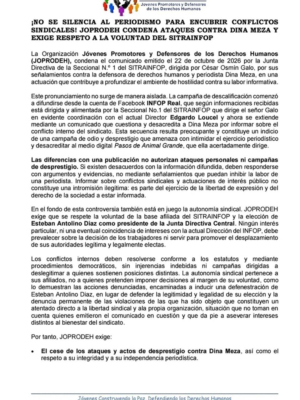 Joprodeh condena ataques contra Dina Meza y exige respetar voluntad del Sitrainfop