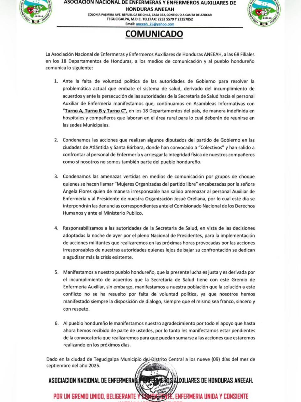 Comunicado íntegro de la ANNEAH, condenando las acciones de los colectivos de Libre contra el gremio de enfermería.