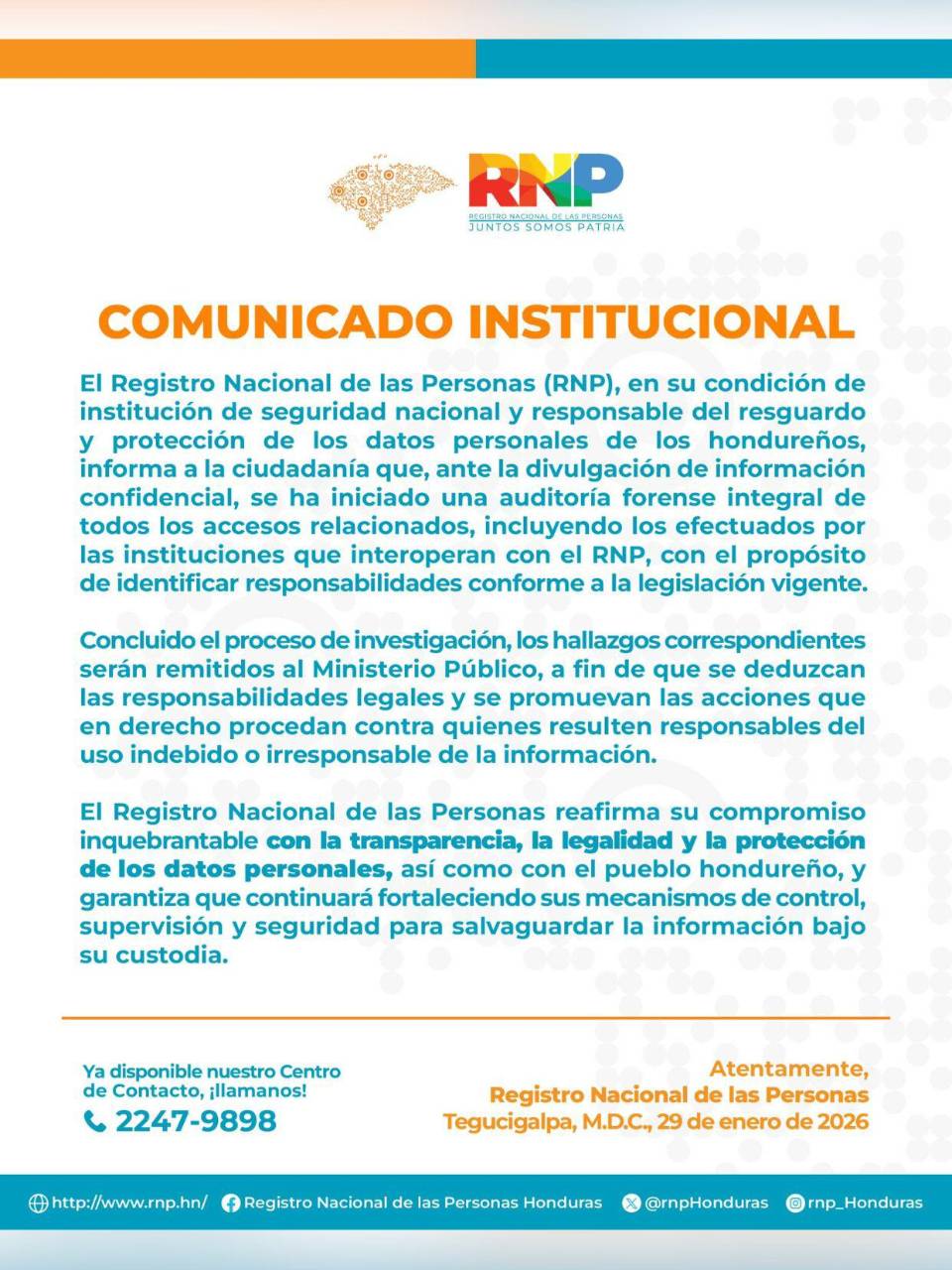 Pronunciamiento del Registro Nacional de las Personas.