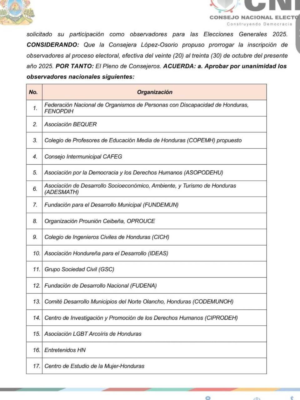 CNE ha acreditado a 68 organizaciones como observadoras en las elecciones generales