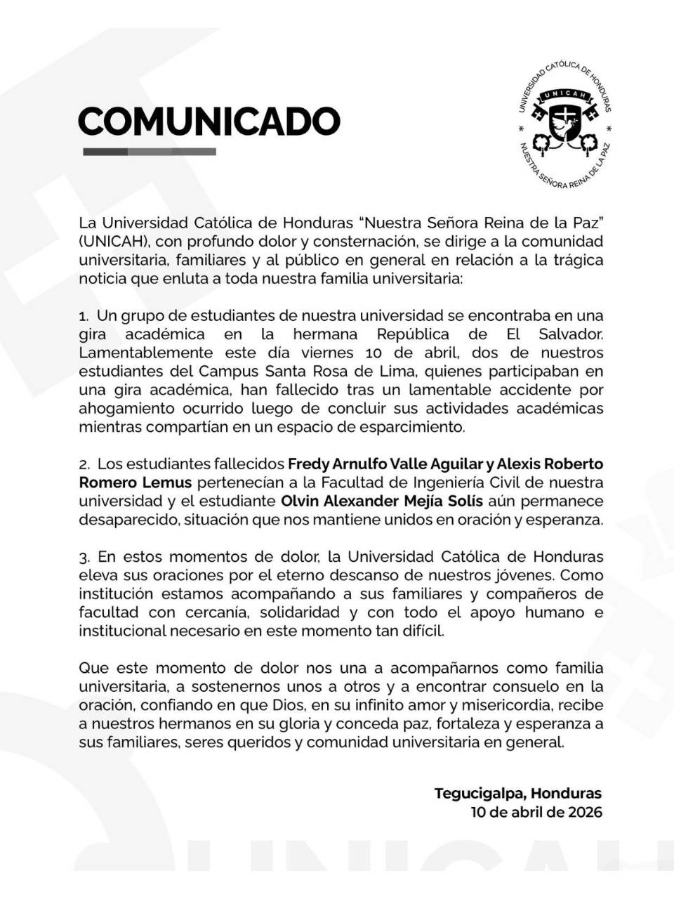 Universitarios hondureños mueren ahogados en El Salvador, tras gira académica