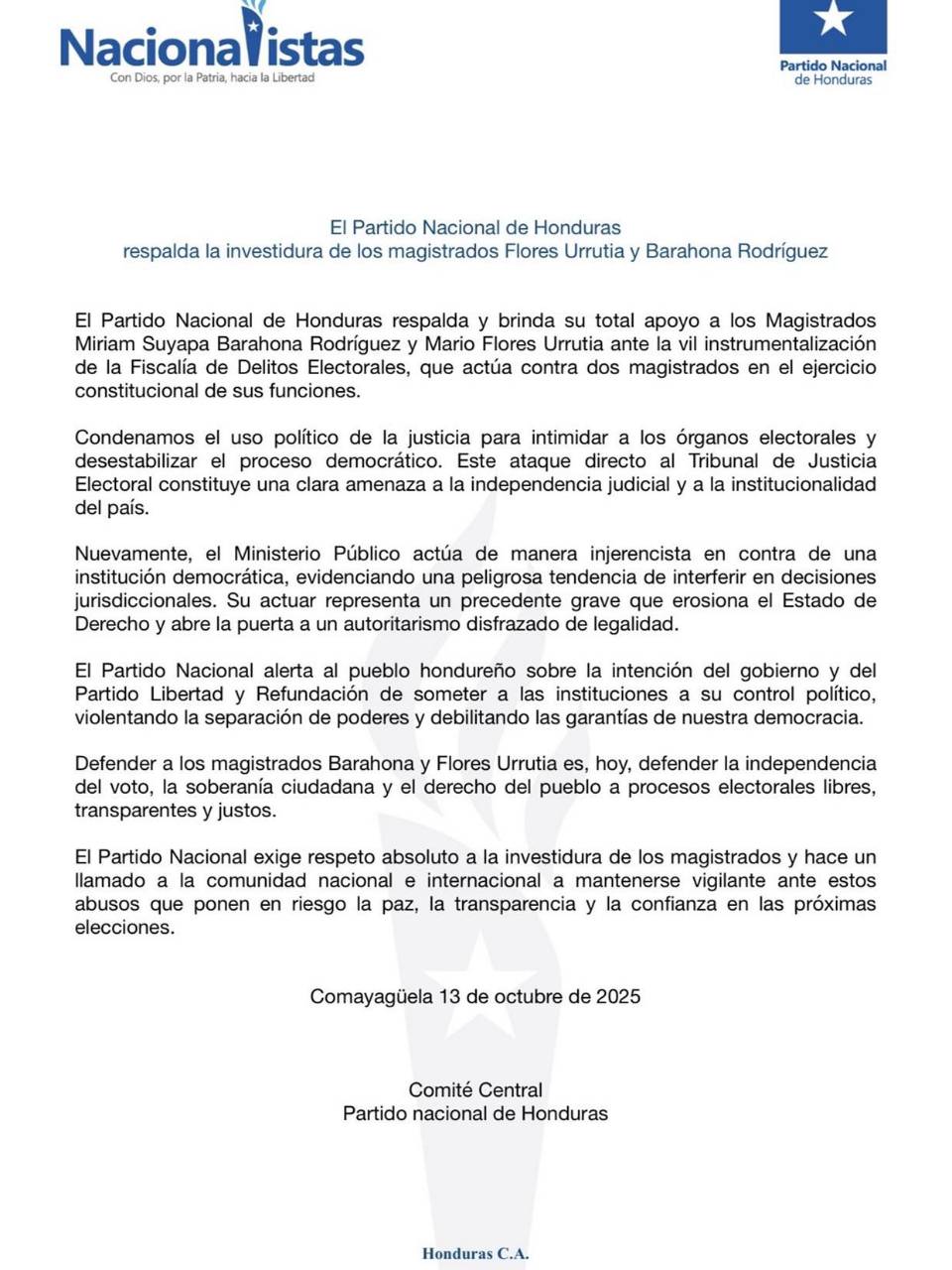 Partido Nacional condena uso político de Fiscalía de Delitos Electorales