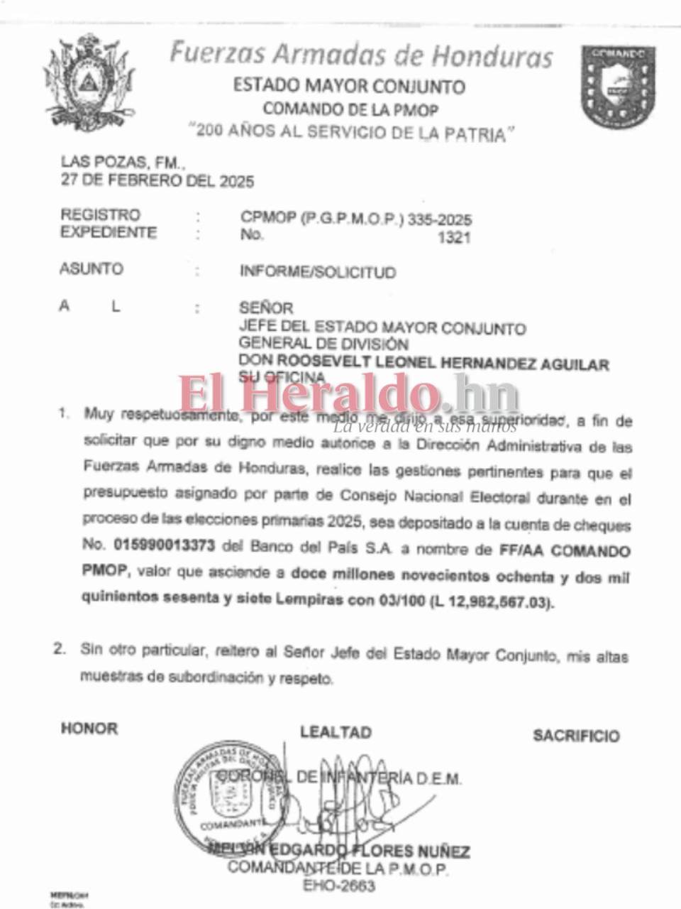 A la Policía Militar del Orden Público (PMOP), se les fueron transferidos 12.9 millones de lempiras.