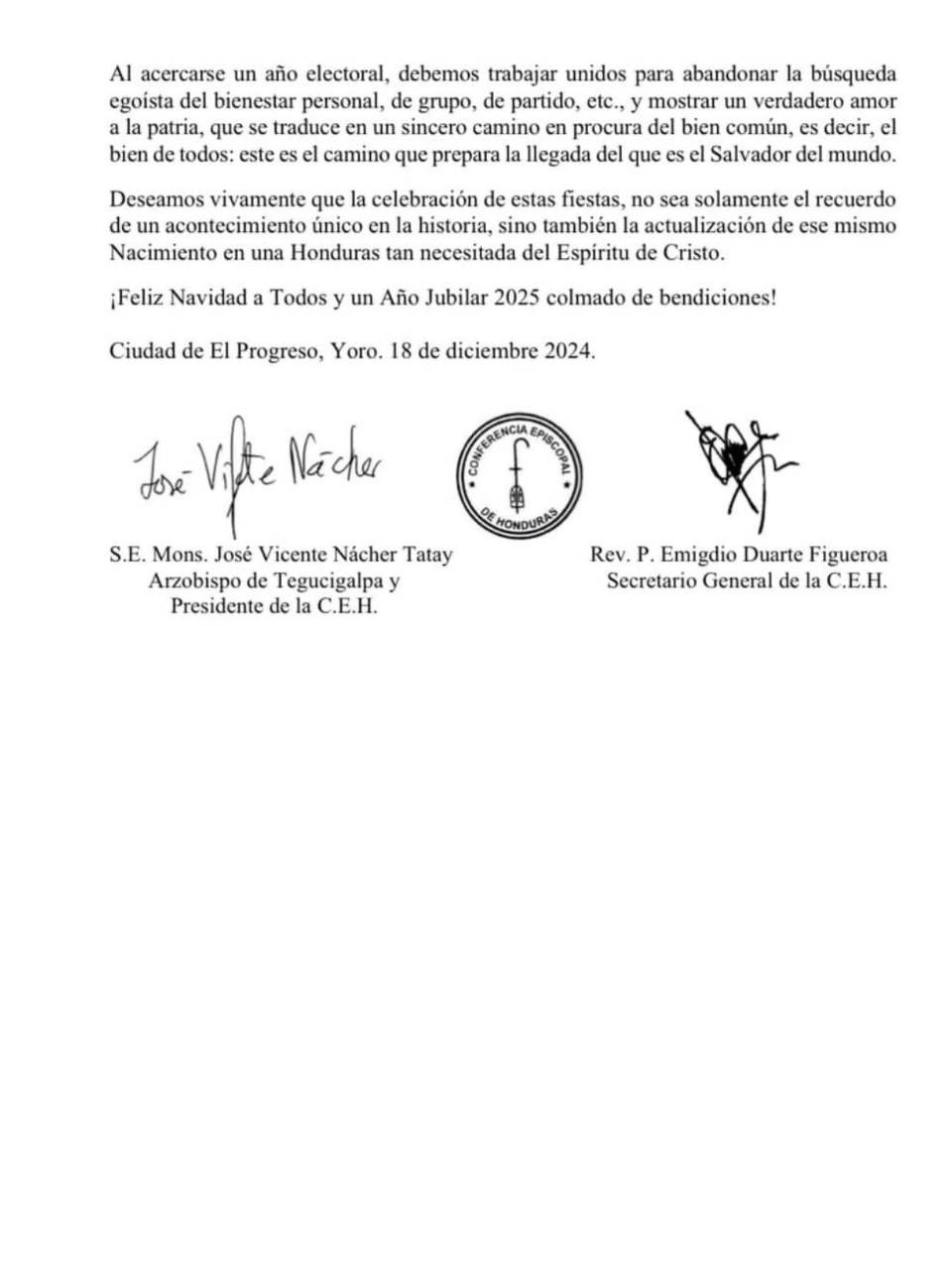 Conferencia Episcopal de Honduras insta a la unidad para las elecciones de 2025