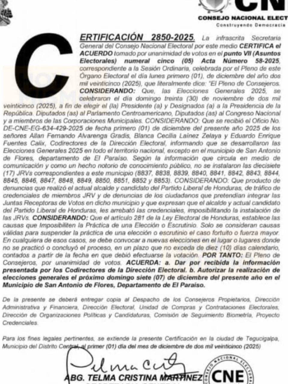 Este es el comunicado del CNE que autoriza la realización de nuevas elecciones en San Antonio de Flores, El Paraíso.