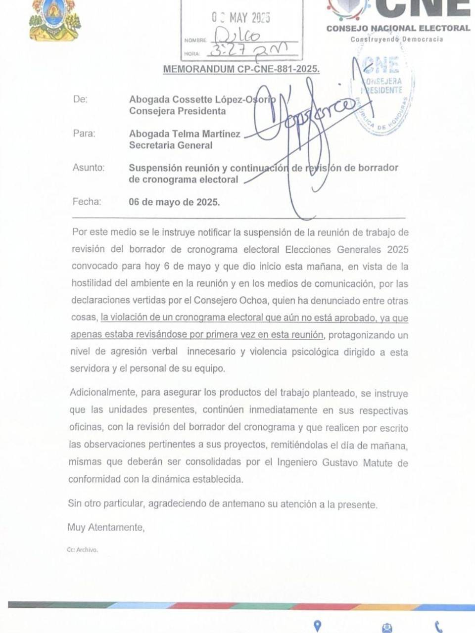 CNE suspende reunión y Cossette López acusa a Marlon Ochoa por violencia psicológica