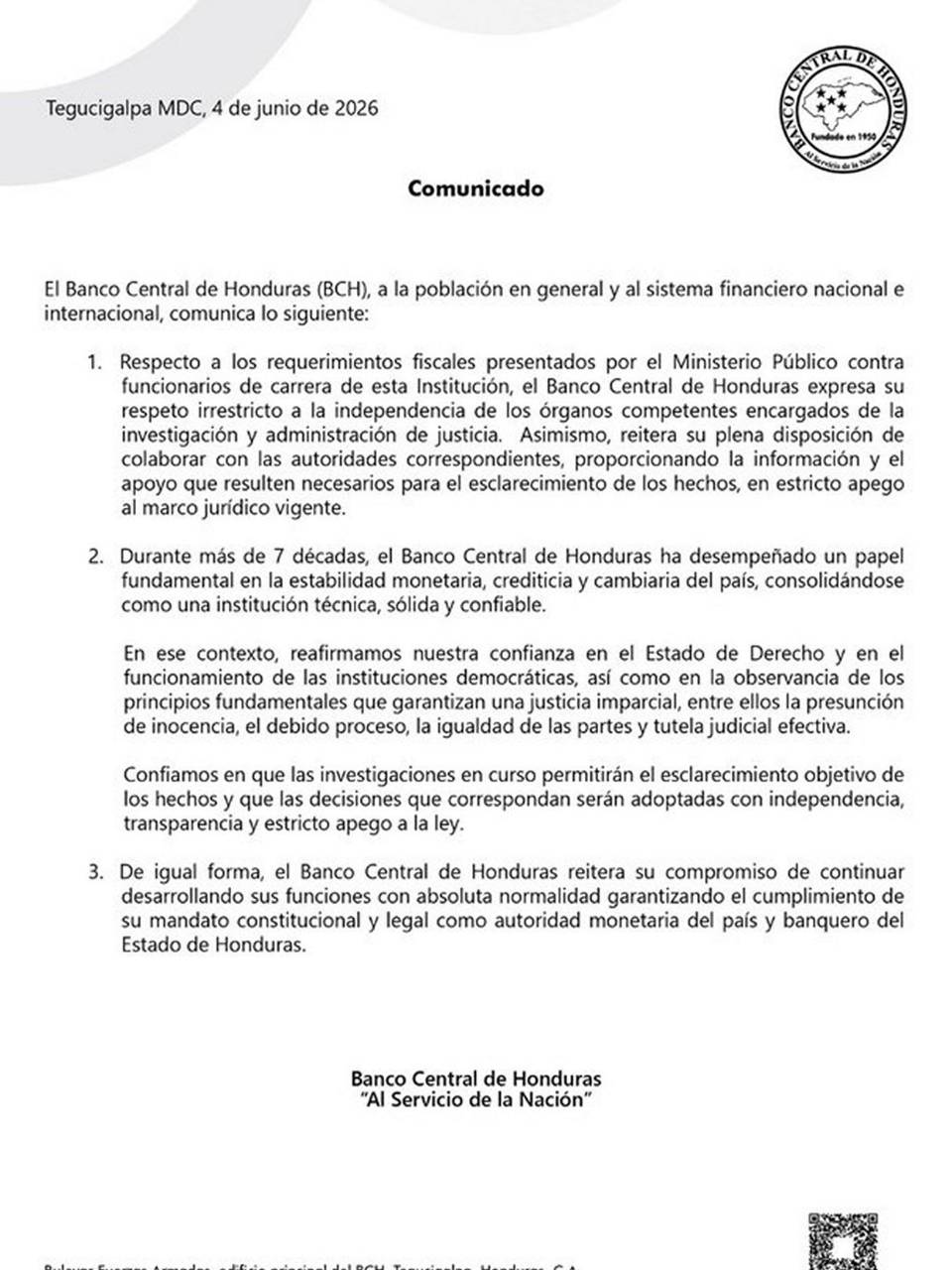 BCH cooperará con el MP tras requerimientos a funcionarios por millonario desfalco